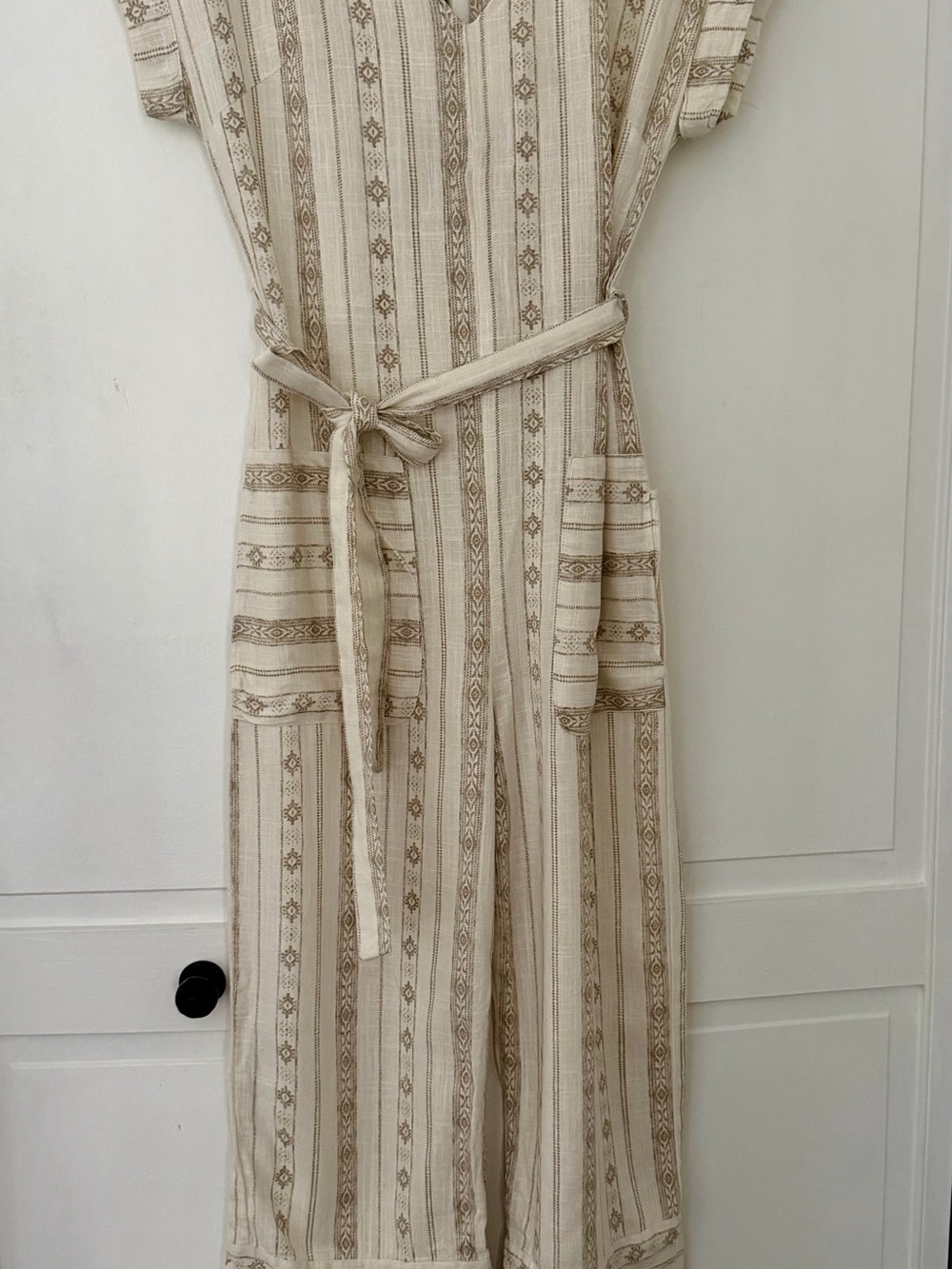 Monteau Cream and Beige Striped Tie-Waist Jumpsuit
